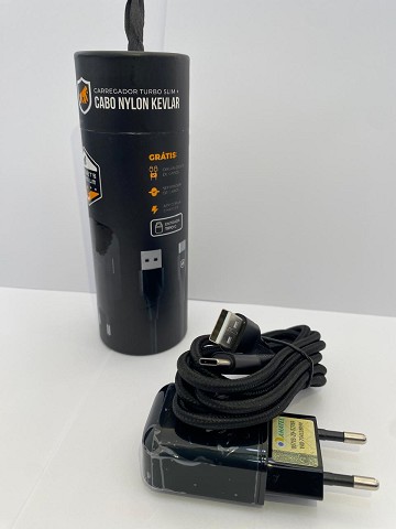 Imagem KIT CARREGADOR DE PAREDE TURBO SLIM + CABO NYLON KEVLAR PRETO TIPO C/ USB 1,5M